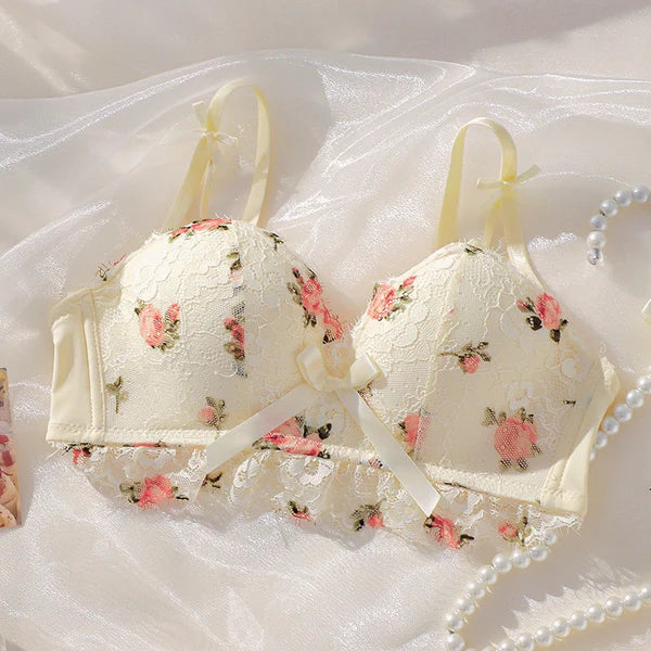 Cute Lace Flower Embroided Adjustable Straps Push Up Bridal Padded Bra