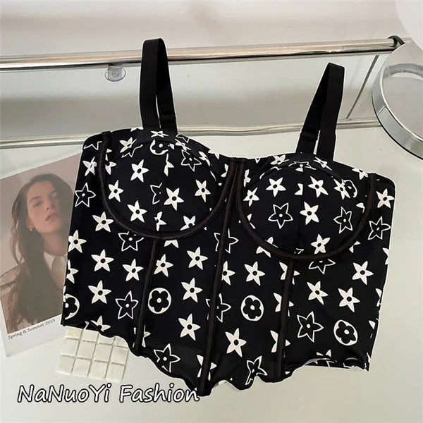 Coverage Adjustable Straps Printed Removable Padded Crop Top -SB
