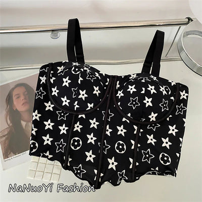 Coverage Adjustable Straps Printed Removable Padded Crop Top -SB