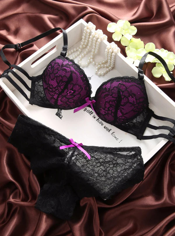 Cute Lace Embroidery Push Up Bra & Panty set