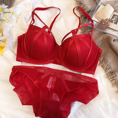Stylish Sexy Front Cross Strips Padded Wired Bra & Panty Set
