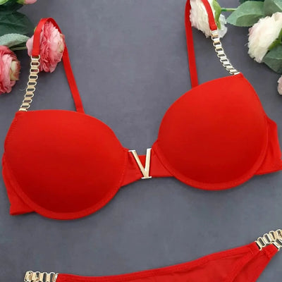 High Quality New Style Chain Straps Front Metal V buckel Bra & Panty Set