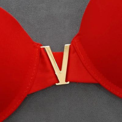 High Quality New Style Chain Straps Front Metal V buckel Bra & Panty Set
