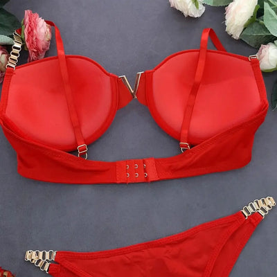 High Quality New Style Chain Straps Front Metal V buckel Bra & Panty Set