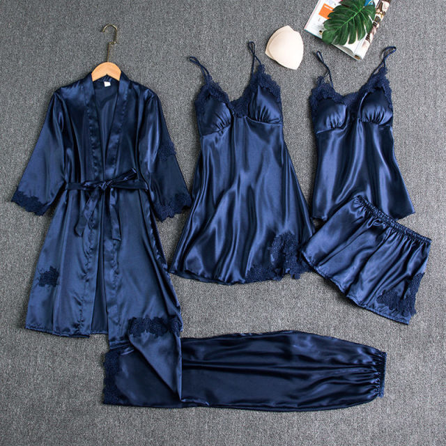 pcs Non Padded Pure Silk Pajama Set Cami Top Nightgown Sexy Sleepwear Robe Sets Lace Nightdress