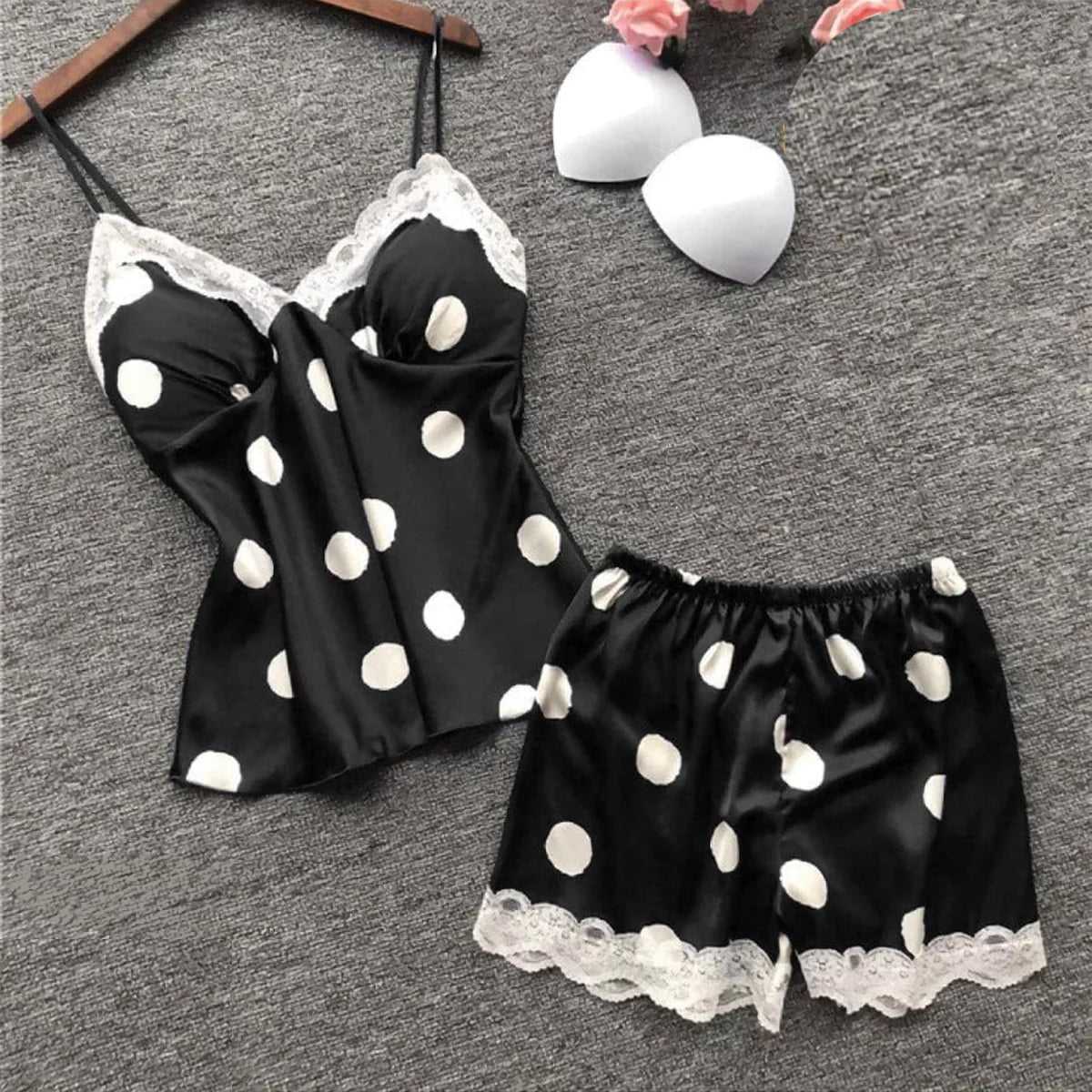 Silk Pajamas For Women Sexy Lingerie Lace Trim Camisole And Shorts Polka Dot Sleepwear Home Wear