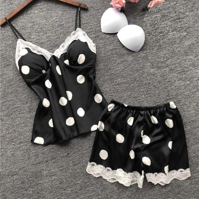 Silk Pajamas For Women Sexy Lingerie Lace Trim Camisole And Shorts Polka Dot Sleepwear Home Wear