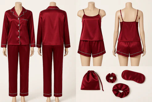 7 pcs Non Padded Silk Satin Pajama Set Cami Top Nightgown Sexy Sleepwear Robe Sets Lace Nightdress