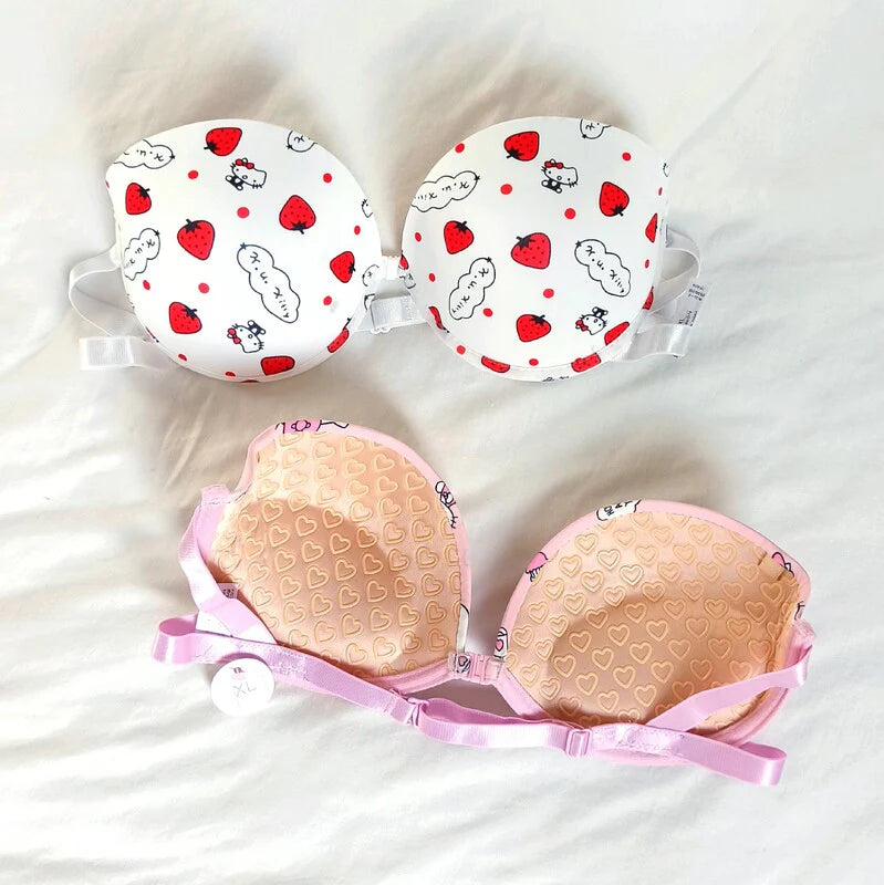High Quality Front Open 4 In 1 Push-up Hello Kitty Print Adjustable Straps Bra Panty Set