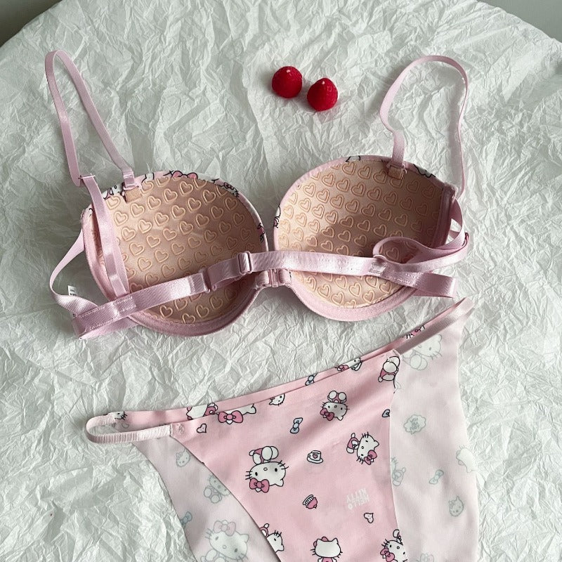 High Quality Front Open 4 In 1 Push-up Hello Kitty Print Adjustable Straps Bra Panty Set
