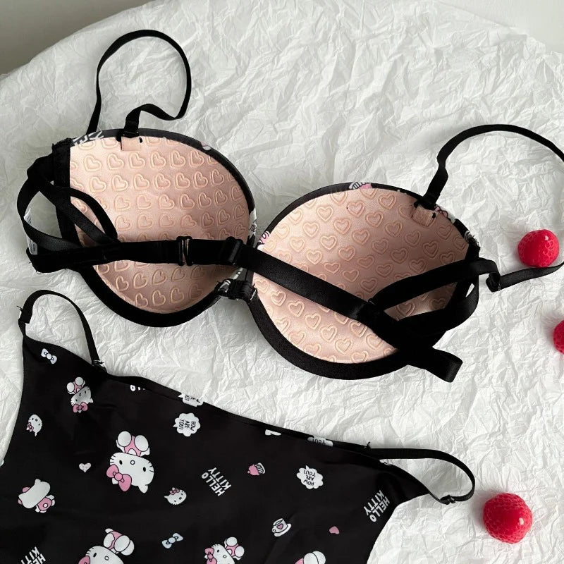 High Quality Front Open 4 In 1 Push-up Hello Kitty Print Adjustable Straps Bra Panty Set