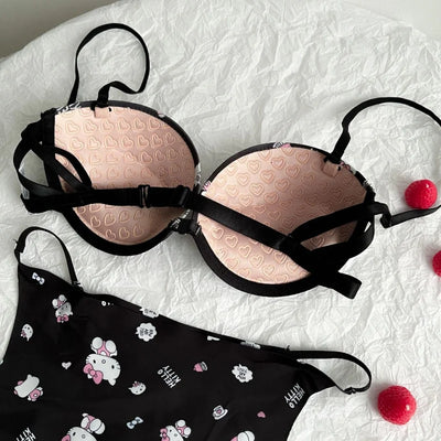 High Quality Front Open 4 In 1 Push-up Hello Kitty Print Adjustable Straps Bra Panty Set