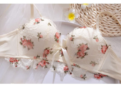 Cute Lace Flower Embroided Adjustable Straps Push Up Bridal Padded Bra