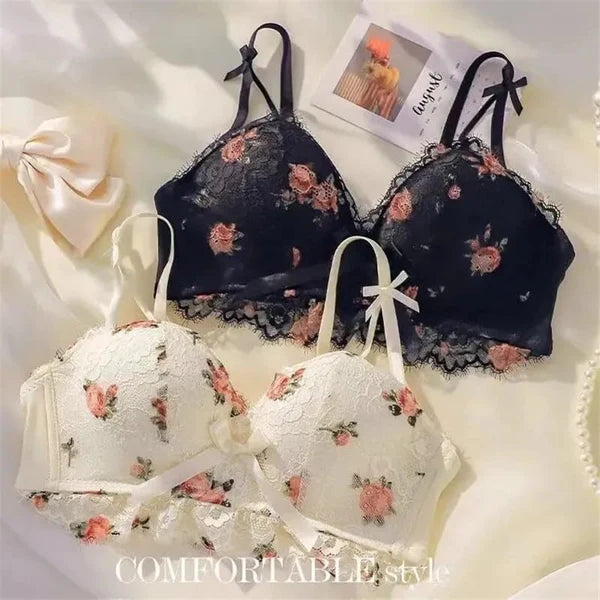 Cute Lace Flower Embroided Adjustable Straps Push Up Bridal Padded Bra