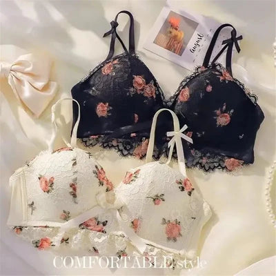 Cute Lace Flower Embroided Adjustable Straps Push Up Bridal Padded Bra
