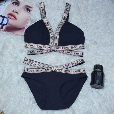 Women Bra And Panty Set Push Up Sexy Beach Female Adjustable Shoulder Strap Underwear 3/4 Deep V Lingerie Set