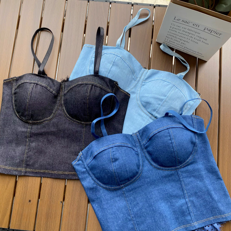 Ladies Imported Denim Tops Women Denim Vest Camisole Cropped Tank Top Shirt Bra Lace Splice Party Clubwear