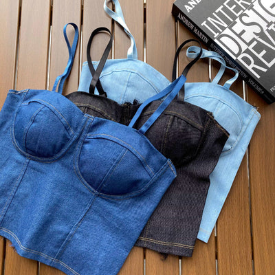 Ladies Imported Denim Tops Women Denim Vest Camisole Cropped Tank Top Shirt Bra Lace Splice Party Clubwear
