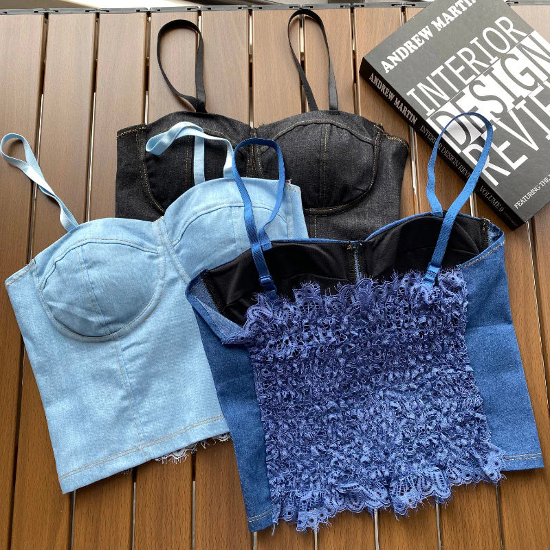 Ladies Imported Denim Tops Women Denim Vest Camisole Cropped Tank Top Shirt Bra Lace Splice Party Clubwear