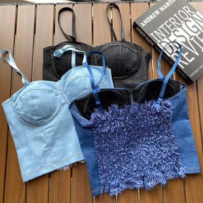 Ladies Imported Denim Tops Women Denim Vest Camisole Cropped Tank Top Shirt Bra Lace Splice Party Clubwear