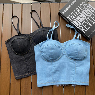 Ladies Imported Denim Tops Women Denim Vest Camisole Cropped Tank Top Shirt Bra Lace Splice Party Clubwear