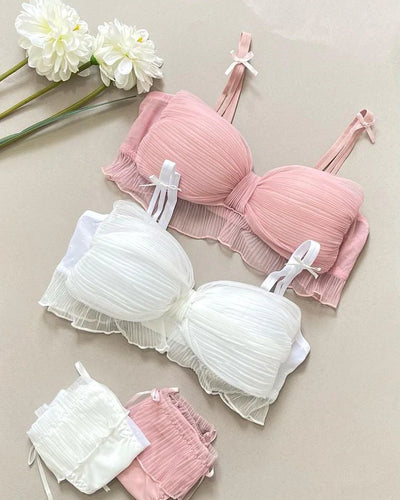 Cute Lace Bow Style Too Soft & Comfy Adjustable Straps Back Closure Bridal Padded Bra Panty Set