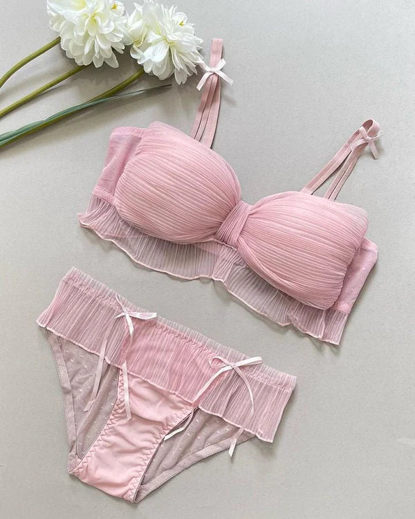 Cute Lace Bow Style Too Soft & Comfy Adjustable Straps Back Closure Bridal Padded Bra Panty Set