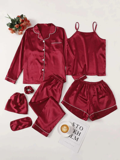 7 pcs Non Padded Silk Satin Pajama Set Cami Top Nightgown Sexy Sleepwear Robe Sets Lace Nightdress