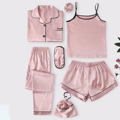 7 pcs Non Padded Silk Satin Pajama Set Cami Top Nightgown Sexy Sleepwear Robe Sets Lace Nightdress