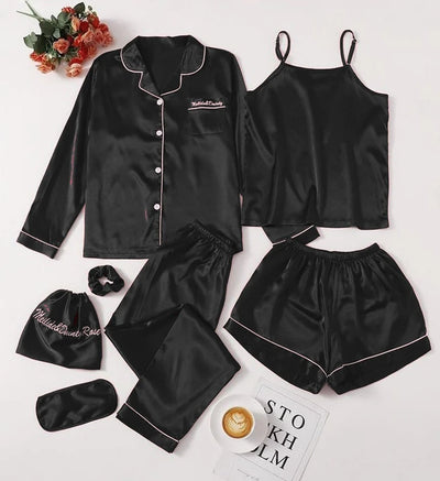 7 pcs Non Padded Silk Satin Pajama Set Cami Top Nightgown Sexy Sleepwear Robe Sets Lace Nightdress
