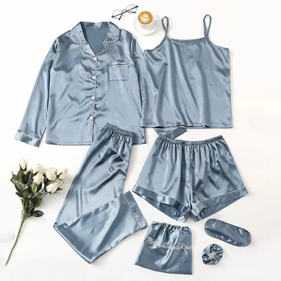 7 pcs Non Padded Silk Satin Pajama Set Cami Top Nightgown Sexy Sleepwear Robe Sets Lace Nightdress