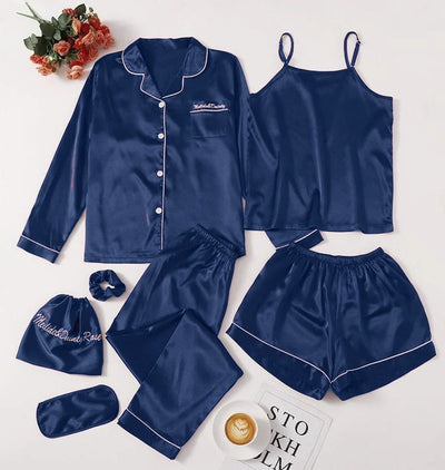 7 pcs Non Padded Silk Satin Pajama Set Cami Top Nightgown Sexy Sleepwear Robe Sets Lace Nightdress