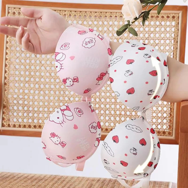 High Quality Front Open 4 In 1 Push-up Hello Kitty Print Adjustable Straps Bra Panty Set