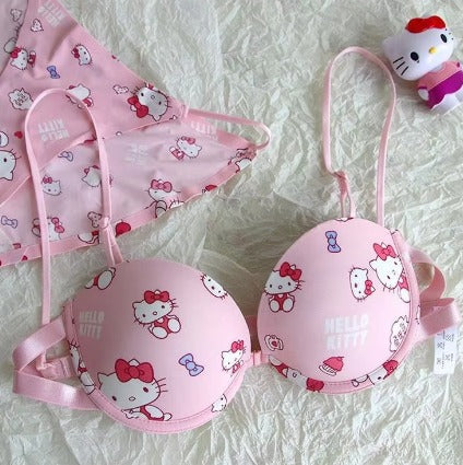 High Quality Front Open 4 In 1 Push-up Hello Kitty Print Adjustable Straps Bra Panty Set