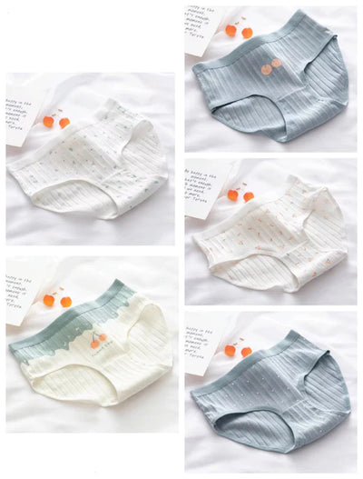 Pack Of 5 Pure Cotton Seamless Girls' Briefs Color Block Cheery Print Briefs, Cute Comfy Breathable Stretchy Underwear For Girls And Women's
