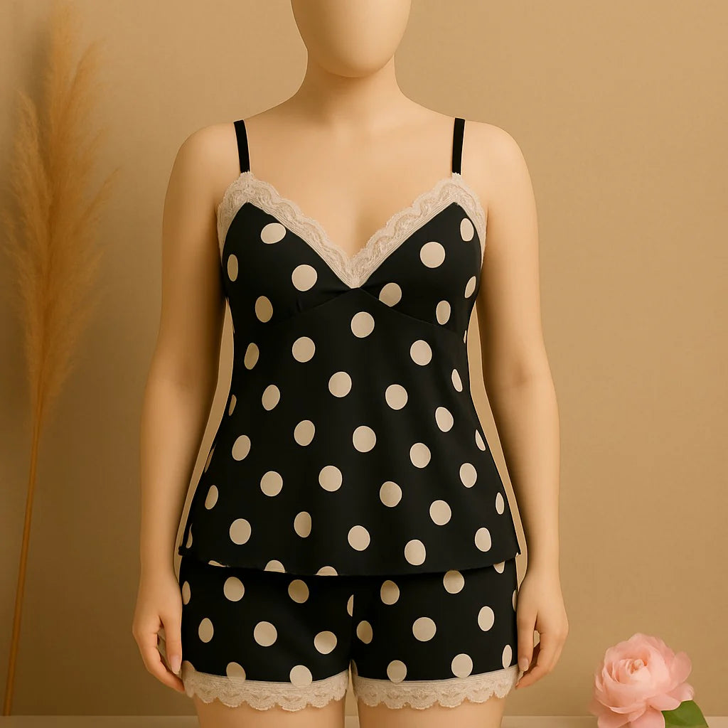 Silk Pajamas For Women Sexy Lingerie Lace Trim Camisole And Shorts Polka Dot Sleepwear Home Wear