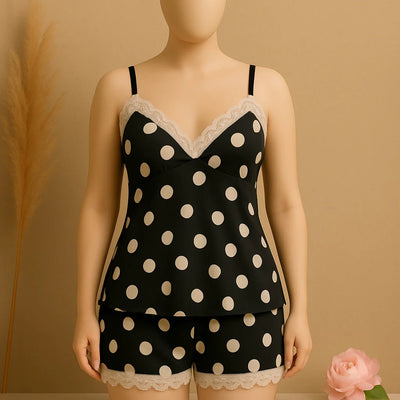 Silk Pajamas For Women Sexy Lingerie Lace Trim Camisole And Shorts Polka Dot Sleepwear Home Wear