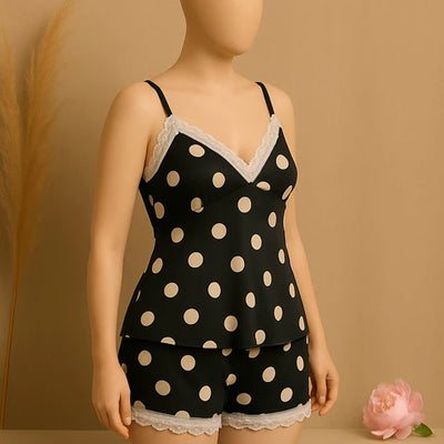 Silk Pajamas For Women Sexy Lingerie Lace Trim Camisole And Shorts Polka Dot Sleepwear Home Wear