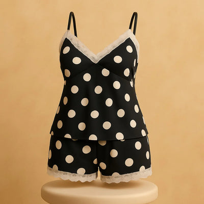 Silk Pajamas For Women Sexy Lingerie Lace Trim Camisole And Shorts Polka Dot Sleepwear Home Wear