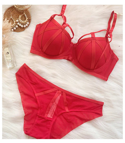 Stylish Sexy Front Cross Strips Padded Wired Bra & Panty Set