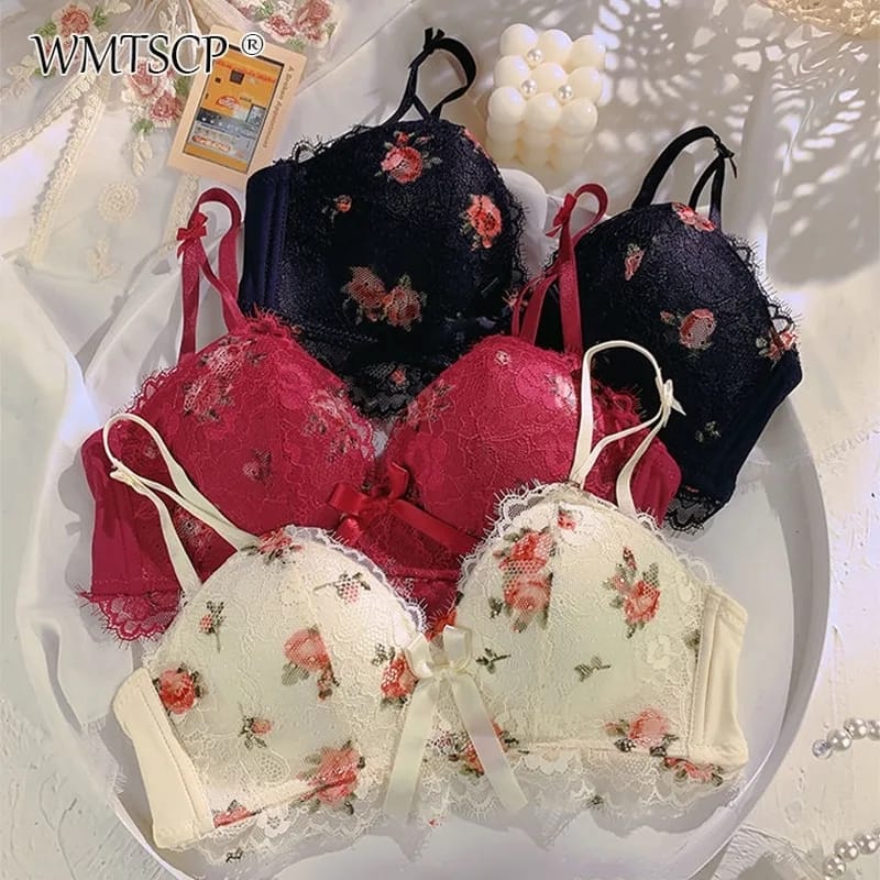 Cute Lace Flower Embroided Adjustable Straps Push Up Bridal Padded Bra