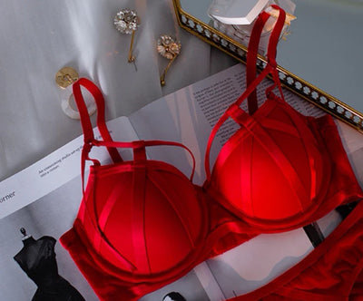 Stylish Sexy Front Cross Strips Padded Wired Bra & Panty Set