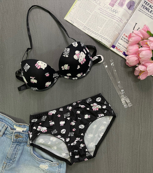High Quality Front Open 4 In 1 Push-up Hello Kitty Print Adjustable Straps Bra Panty Set