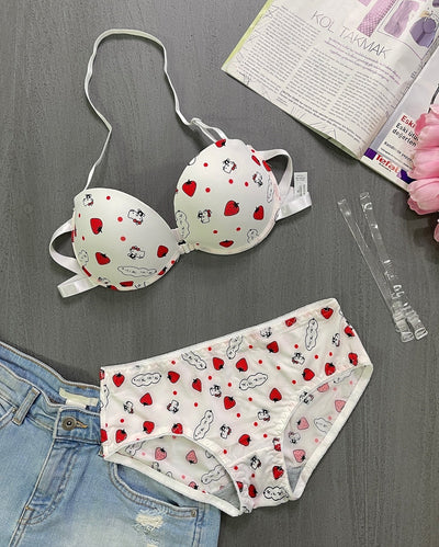 High Quality Front Open 4 In 1 Push-up Hello Kitty Print Adjustable Straps Bra Panty Set