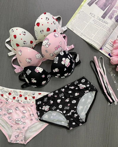 High Quality Front Open 4 In 1 Push-up Hello Kitty Print Adjustable Straps Bra Panty Set