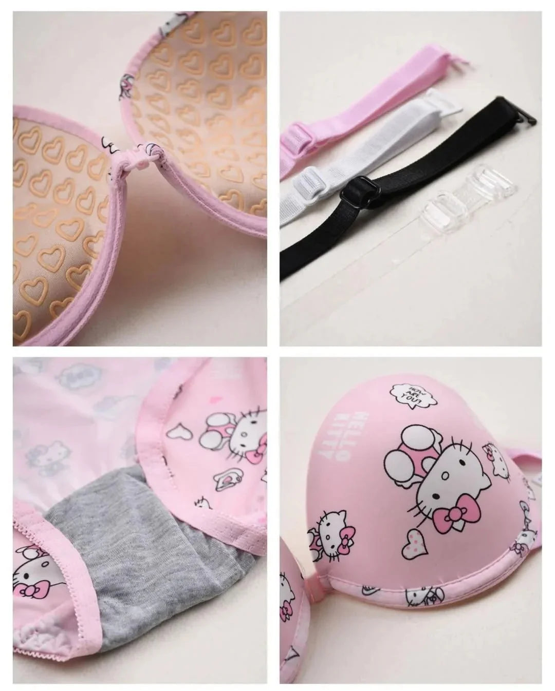 High Quality Front Open 4 In 1 Push-up Hello Kitty Print Adjustable Straps Bra Panty Set