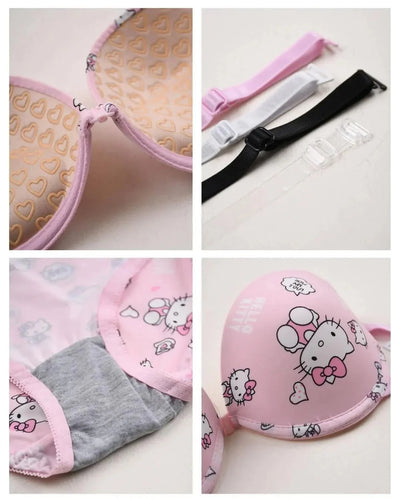 High Quality Front Open 4 In 1 Push-up Hello Kitty Print Adjustable Straps Bra Panty Set