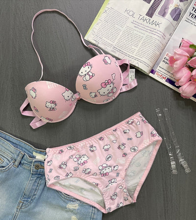 High Quality Front Open 4 In 1 Push-up Hello Kitty Print Adjustable Straps Bra Panty Set