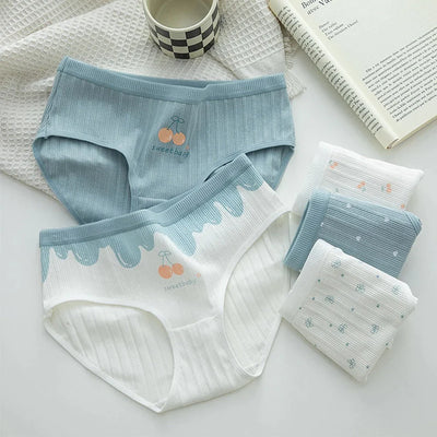 Pack Of 5 Pure Cotton Seamless Girls' Briefs Color Block Cheery Print Briefs, Cute Comfy Breathable Stretchy Underwear For Girls And Women's