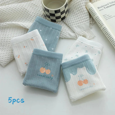 Pack Of 5 Pure Cotton Seamless Girls' Briefs Color Block Cheery Print Briefs, Cute Comfy Breathable Stretchy Underwear For Girls And Women's